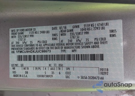2018 Ford Escape Sel from USA, damaged, VIN 1FMCU9HDXJUC98673